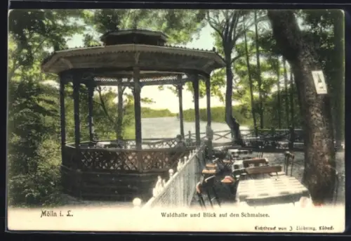 AK Mölln i. L., Gasthaus Waldhalle und Blick auf den Schmalsee