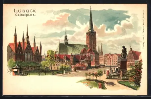 Lithographie Lübeck, Blick über den Geibelplatz