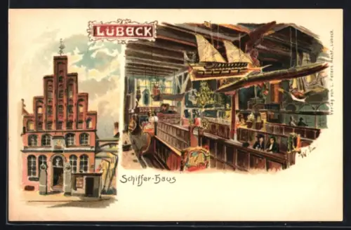 Lithographie Lübeck, Schiffer-Haus von innen und aussen