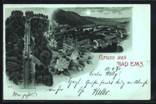 Mondschein-Lithographie Bad Ems, Neue Kirche und Hotel zu den vier Türmen, Malbergbahn