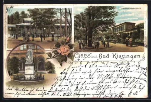 Lithographie Bad Kissingen, Rakoczy-Brunnen, Conversationsgebäude, Denkmal Ludwig I.