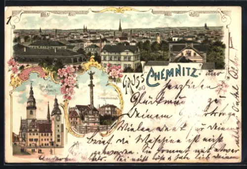 Lithographie Chemnitz, Panorama und Rathaus, Siegesdenkmal