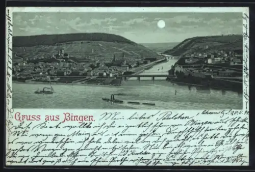 Mondschein-Lithographie Bingen, Panorama mit Brücke