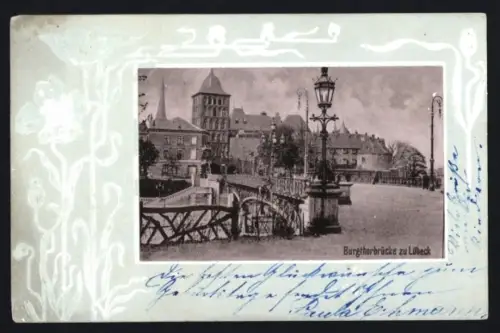 Lithographie Lübeck, Burgtorbrücke, Passepartout