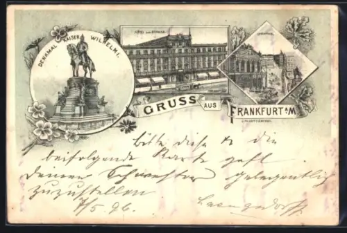 Lithographie Frankfurt a. M., Hotel zum Schwan, Opernhaus, Denkmal Kaiser Wilhelm I.