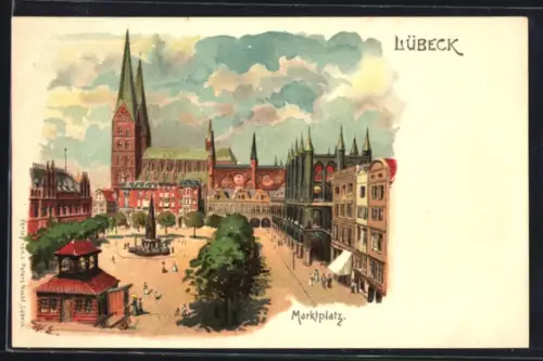 Lithographie Lübeck, Marktplatz mit Kirche