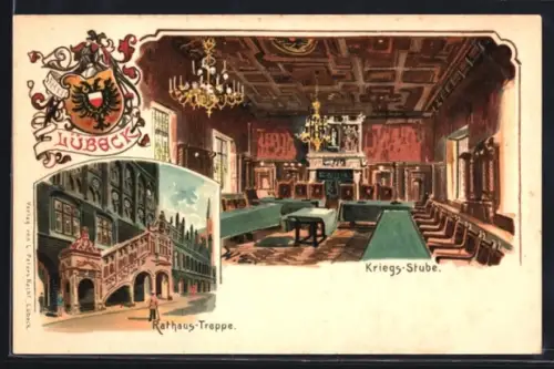 Lithographie Lübeck, Rathaus, Treppe und Kriegs-Stube, Wappen