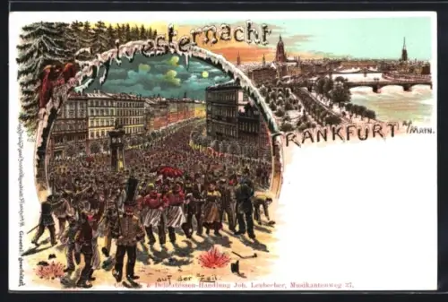 Lithographie Frankfurt /Main, Sylvesternacht auf der Zeil, Stadt-Panorama im Winter