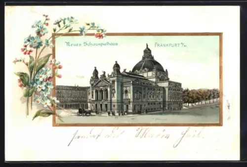 Passepartout-Lithographie Frankfurt /Main, Neues Schauspielhaus mit Blumendekor