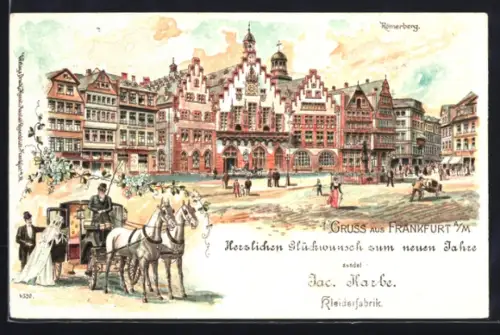Lithographie Alt-Frankfurt, Römerberg mit Hochzeitskutsche, Neujahrsgruss