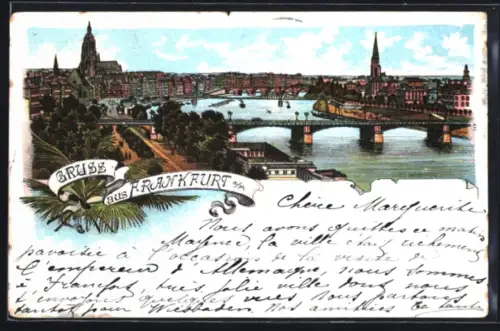 Lithographie Frankfurt, Gesamtansicht mit Mainbrücken, Strassenpartie und Dom