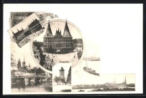 AK Lübeck, Rathaus, Holstentor, Blick vom Wall