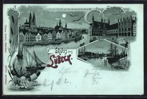 Mondschein-Lithographie Lübeck, Teilansicht mit Kirche, Rathaus, Hafen