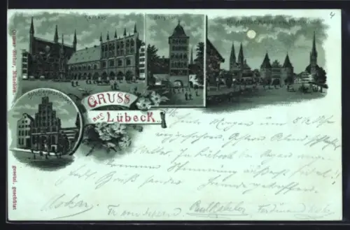 Mondschein-Lithographie Lübeck, Schiffergesellschaft, Rathaus, Burgtor