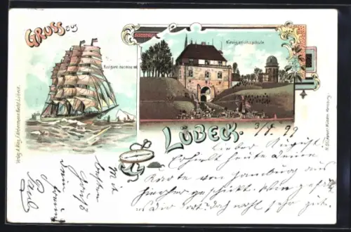 Lithographie Lübeck, Navigationsschule, Segelschiff