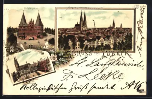 Lithographie Lübeck, Teilansicht mit Kirche, Holstentor, Marktplatz