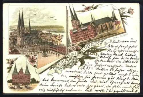 Vorläufer-Lithographie Lübeck, 1894, Kirche, Dom und Museum, Holstentor