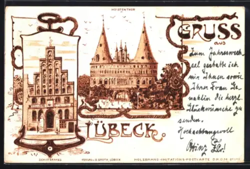 Holzbrand-Imitations-AK Lübeck, Schifferhaus, Holstentor