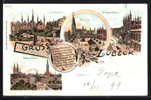 Lithographie Lübeck, Marktplatz, Geibel-Denkmal, Breitestrasse und Rathaus