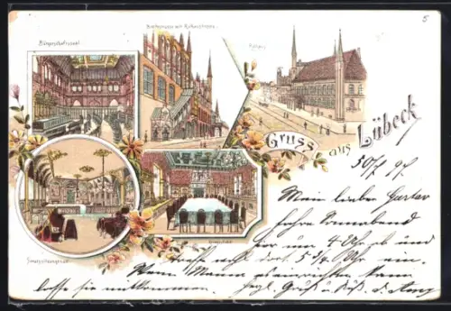 Lithographie Lübeck, Rathaus, Innenansichten Bürgerschaftssaal, Senatssitzungssaal