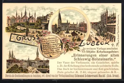 Lithographie Lübeck, Verlagshandlung Edmund Schmersahl Nachf. Rich. Brunn, 50 jährige Erhebungsfeier, Reklame für Buch
