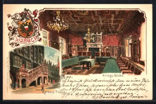 Lithographie Lübeck, Rathaus, Treppe und Kriegs-Stube, Wappen