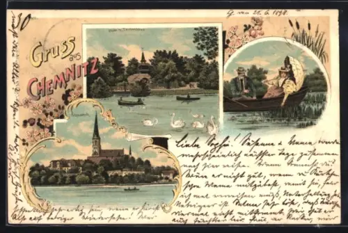 Lithographie Chemnitz, Insel mit Taubenhaus, Schlossteich, Paar im Ruderboot