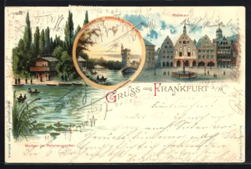 Lithographie Alt-Frankfurt, Weiher im Palmengarten, Weiher im Zoologischen Garten, Römer