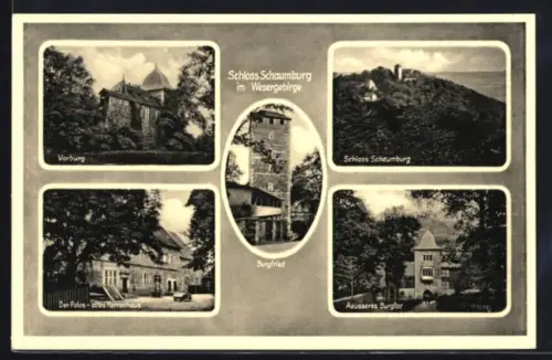 AK Schaumburg, Schloss mit Vorburg, Der Palais - altes Herrenhaus, Burgfried und Äusserem Burgtor