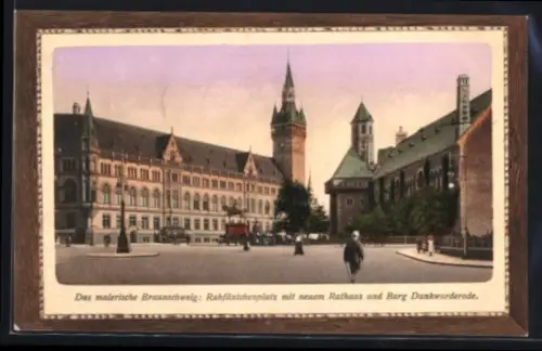 AK Braunschweig, Ruhfäutchenplatz mit neuem Rathaus und Burg Dankwarderode, Passepartout