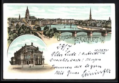 Lithographie Frankfurt a. M., Opernhaus, Mainbrücke, Stadtansicht