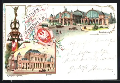 Lithographie Frankfurt a. M., Hauptbahnhof, Manskopf-Uhrturm, Börse, Wappen