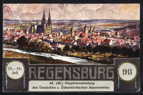 Künstler-AK Regensburg, Stadtansicht, Hauptversammlung des Deutschen u. Österreichischen Alpenvereins 1913