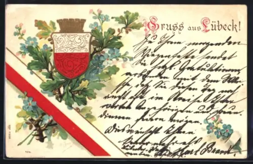 Präge-Lithographie Lübeck, Wappen, Eichenlaub, Blumenornament