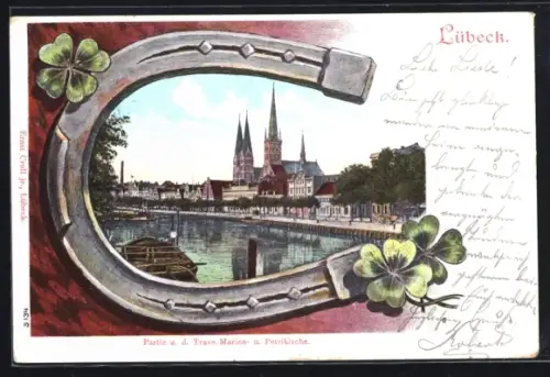 Künstler-AK Lübeck, Partie an der Trave, Marien- und Petrikirche, Hufeisen-Passepartout
