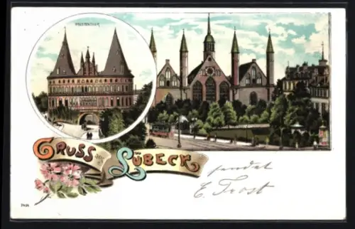 Lithographie Lübeck, Holstentor, Heiligen-Geist-Hospital