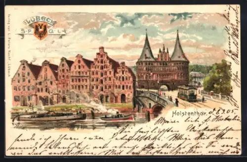 Lithographie Lübeck, Holstentor, Salzspeicher, Schifffahrt, Wappen Lübecker SPQL