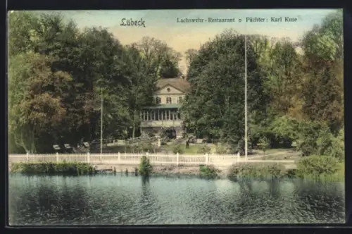 AK Lübeck, Lachswehr-Restaurant Pächter Karl Kuse, Ansicht vom Wasser aus der Vogelschau