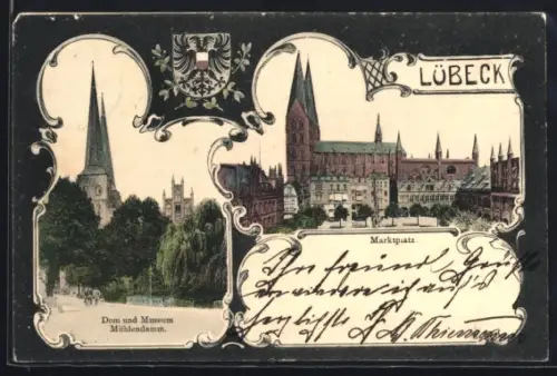 Lithographie Lübeck, Dom und Museum Mühlendamm, Marktplatz, Wappen