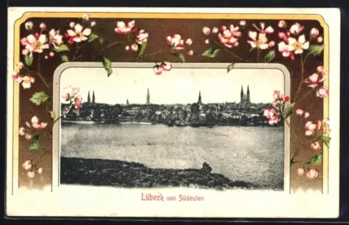 Lithographie Lübeck, Ansicht von Südosten, Obstblüten-Schmuckrahmen