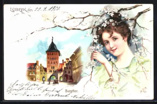 Lithographie Lübeck, Burgtor, Junge Dame unter blühenden Zweigen