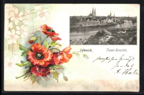 Lithographie Lübeck, Total-Ansicht, Mohnblumen