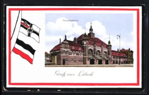 AK Lübeck, Hauptbahnhof, Reichsflaggen, Rahmen in Nationalfarben