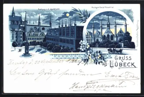 Mondschein-Lithographie Lübeck, Rathaus v. d. Marktseite, Heiligen Geist Hospital