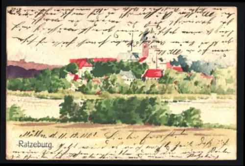 Lithographie Ratzeburg, Ortsansicht mit See u. Dom