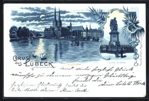 Mondschein-Lithographie Lübeck, Museum und Dom, Geibel-Denkmal