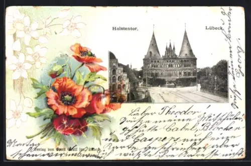 Lithographie Lübeck, Holstentor, Mohnblumen