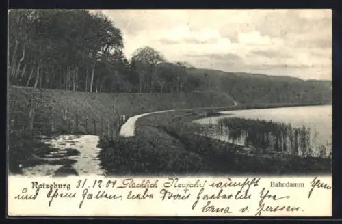 AK Ratzeburg, Bahndamm mit Wasserblick, Neujahrsgruss