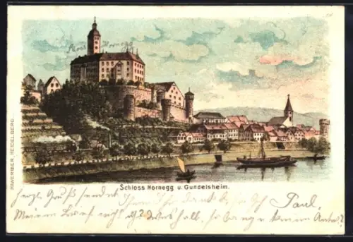 Lithographie Gundelsheim, Schloss Hornegg und Stadtansicht