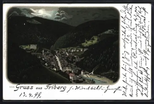 Lithographie Triberg, Gesamtansicht bei Vollmond aus der Vogelschau